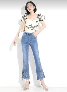 HAPPY- 000007 - B  High Waist Nine-point Floral Embroidery Flare Leg Jeans