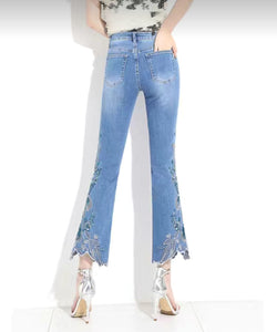 HAPPY- 000007 - B  High Waist Nine-point Floral Embroidery Flare Leg Jeans