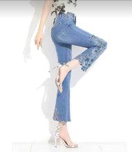 Load image into Gallery viewer, HAPPY- 000007 - B  High Waist Nine-point Floral Embroidery Flare Leg Jeans