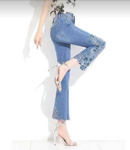 HAPPY- 000007 - B  High Waist Nine-point Floral Embroidery Flare Leg Jeans