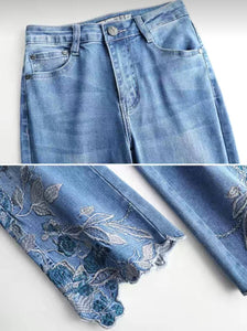 HAPPY- 000007 - B  High Waist Nine-point Floral Embroidery Flare Leg Jeans