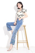 Load image into Gallery viewer, HAPPY- 000007 - B  High Waist Nine-point Floral Embroidery Flare Leg Jeans