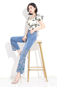 HAPPY- 000007 - B  High Waist Nine-point Floral Embroidery Flare Leg Jeans